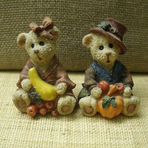 Vintage Harvest Teddy Bear Couple Figurines